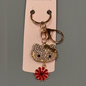BAG CHARM Glittering Cat Face Hello Kitty Red Bow and Flower charm Keychain